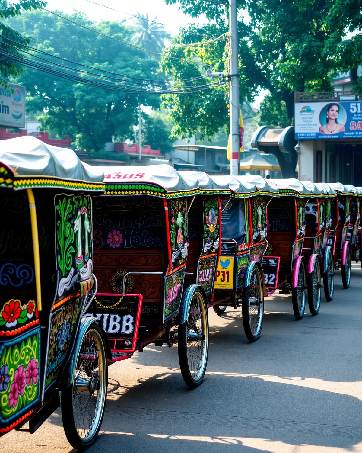 বগুড়ার রাস্তায় সাজানো রিকশার সারি
